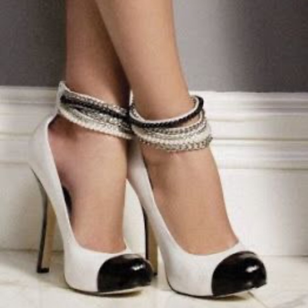 LAST CHANCE! Bebe Elle White/Black Embellished Platform Pumps